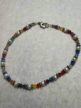 Multicolor Crystal & Pearl Beaded Ankle Bracelet with Heart Clasp